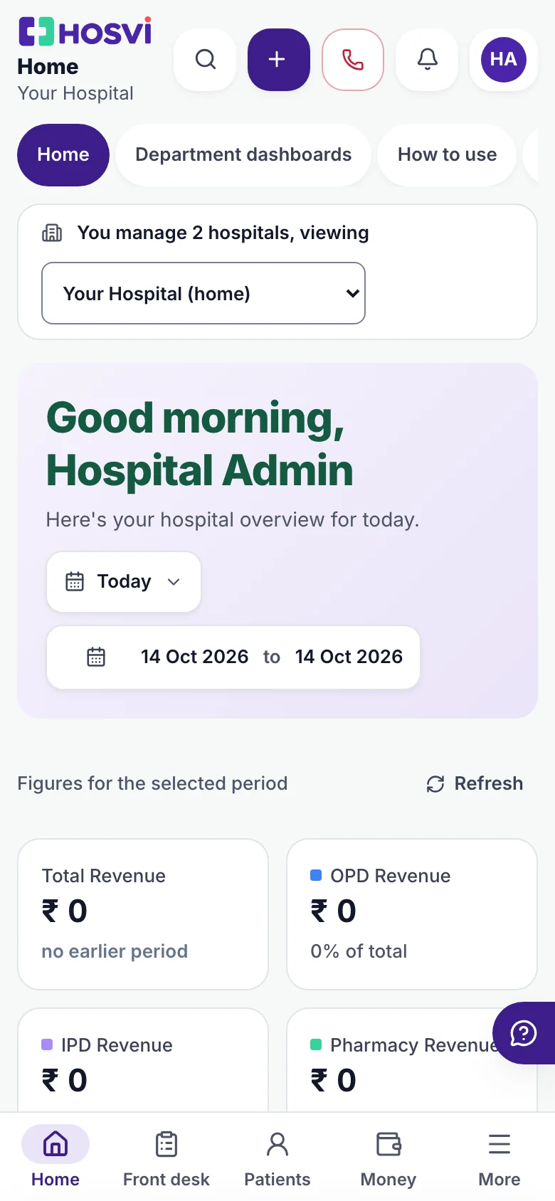 Hosvi hospital dashboard on a phone: hospital selection and revenue overview, with sample data