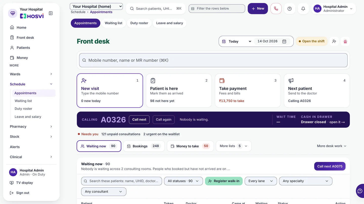 The front desk: new visit, patient is here, take payment and next patient, with the day's bookings and queue, with sample data