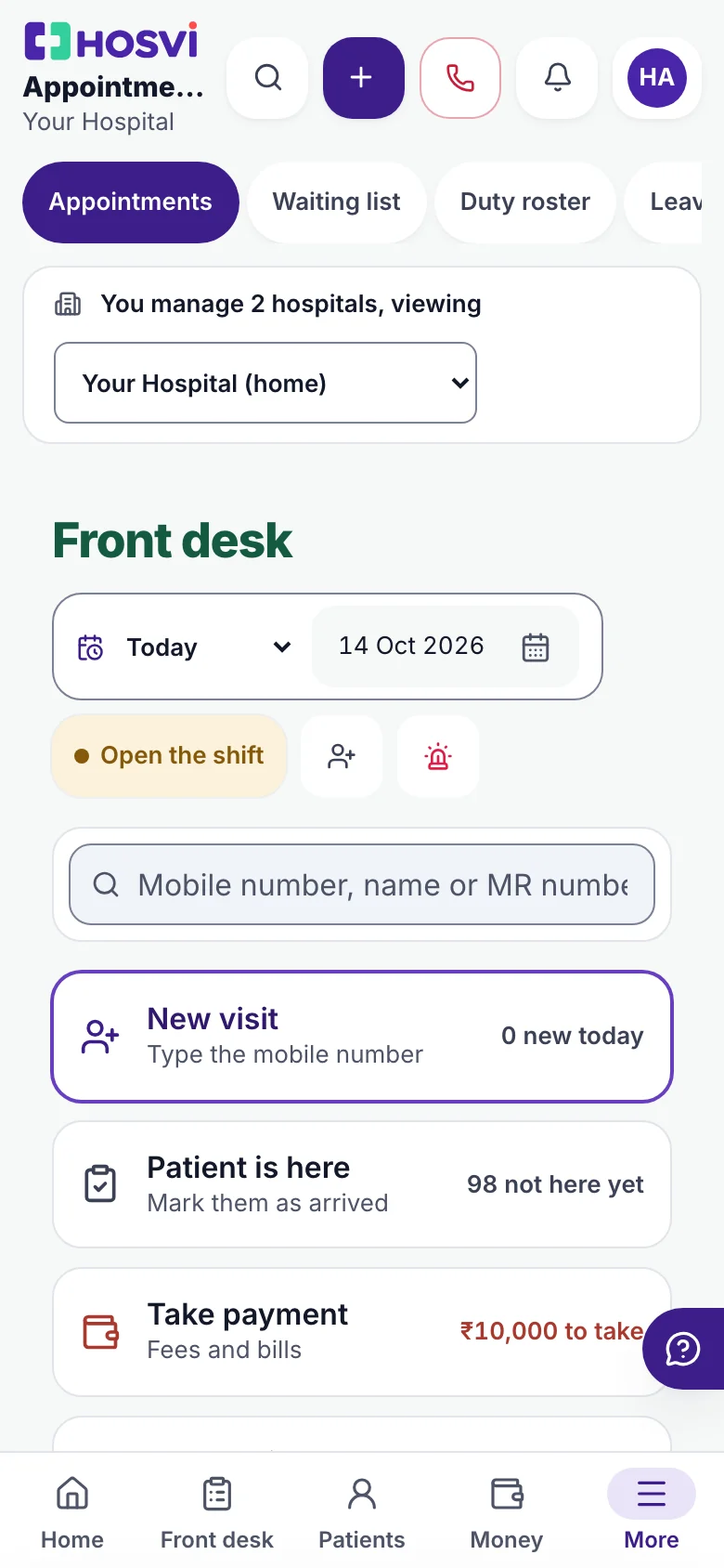 The front desk: new visit, patient is here, take payment and next patient, with the day's bookings and queue, with sample data