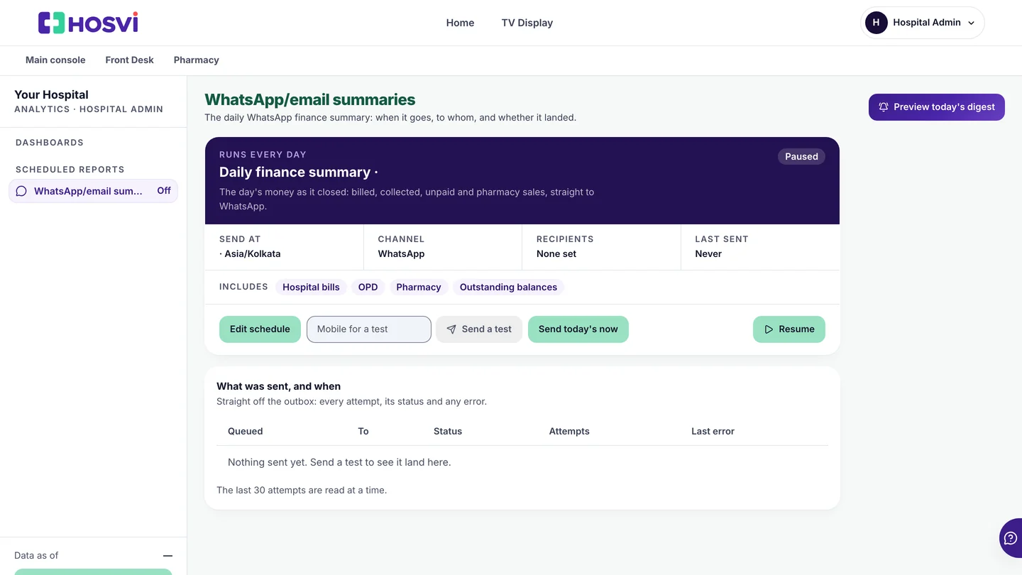 The daily finance summary: send time, channel, recipients and what it includes, with sample data