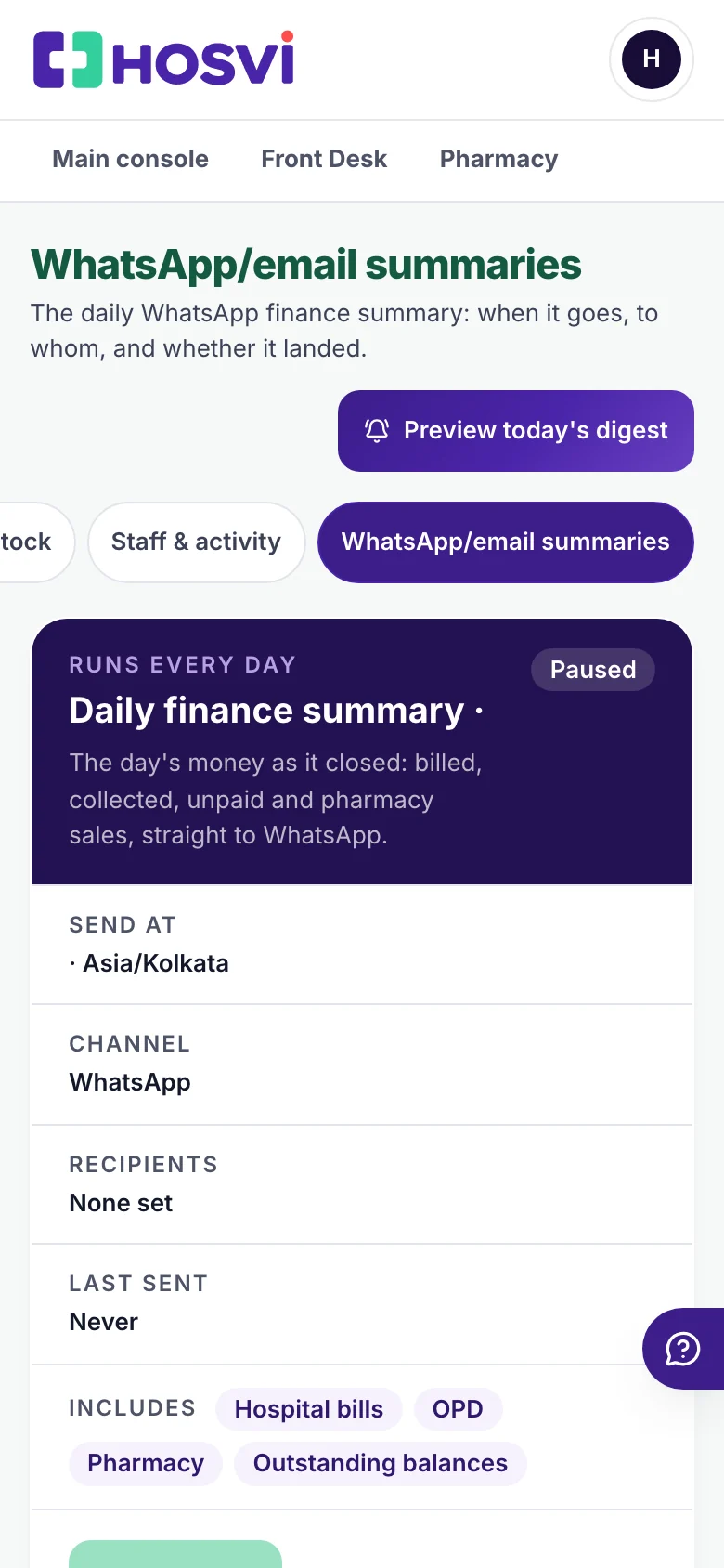 The daily finance summary: send time, channel, recipients and what it includes, with sample data