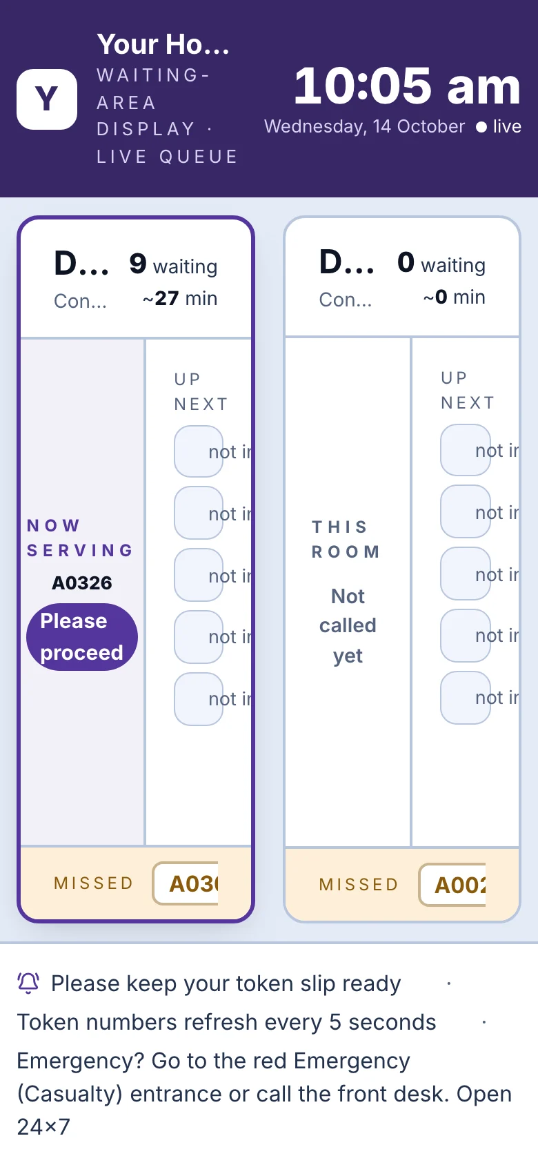 The waiting-room display: each doctor's room and the tokens up next, as token numbers only, with sample data