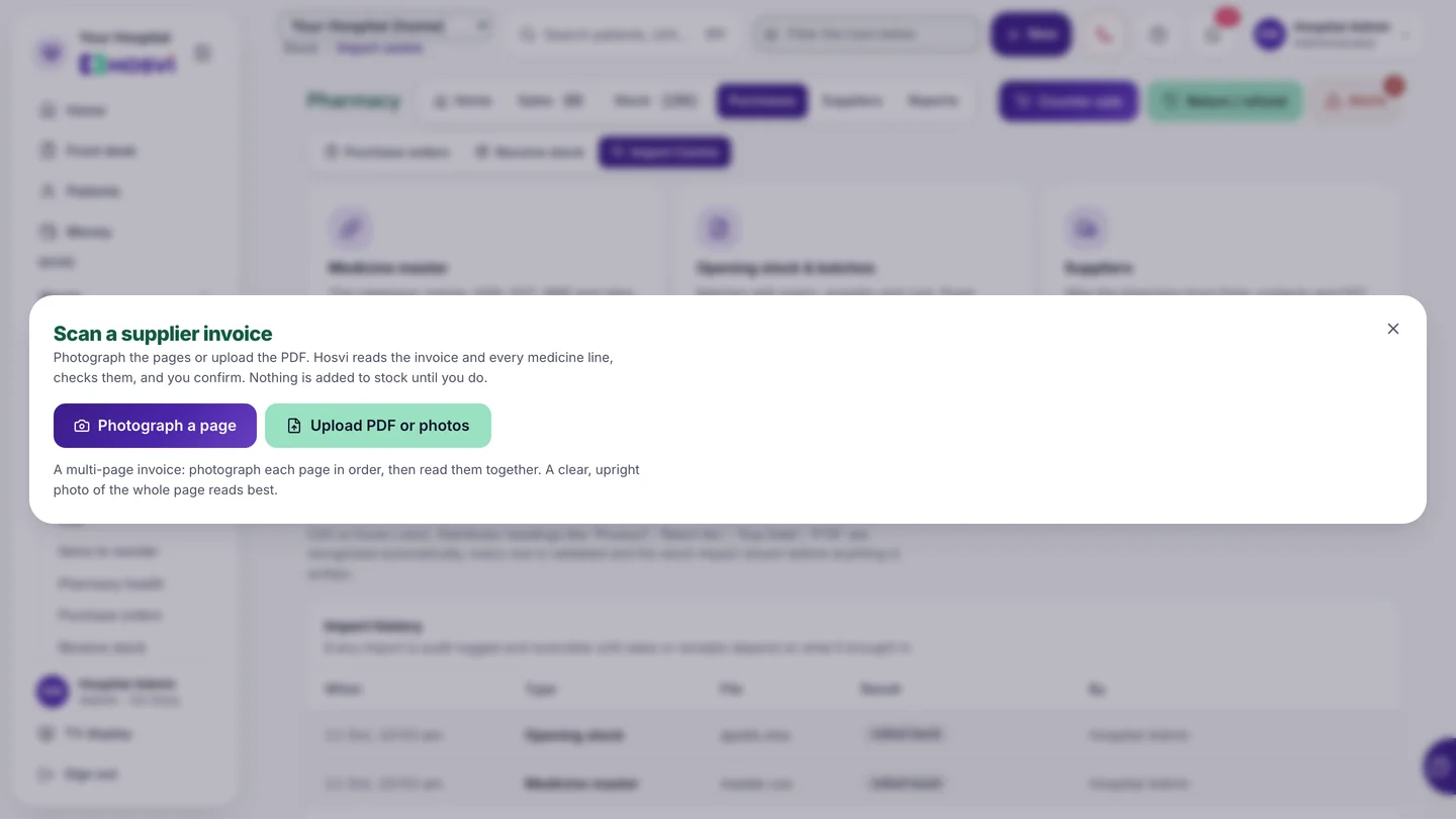 Scan a supplier invoice: photograph a page with the phone camera or upload the PDF, with sample data