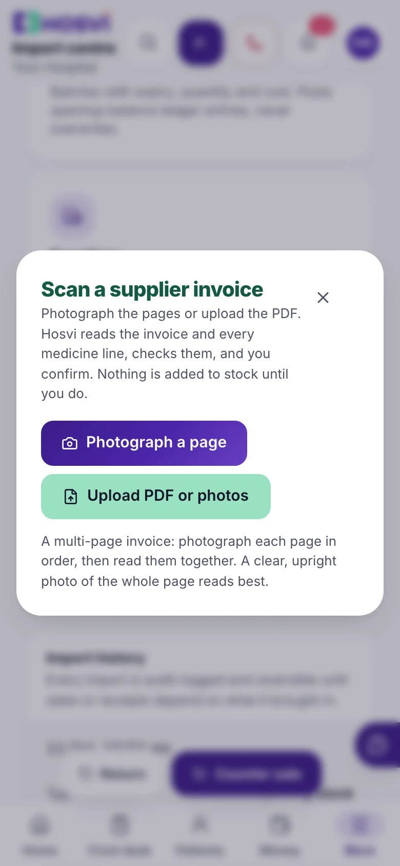 Scan a supplier invoice: photograph a page with the phone camera or upload the PDF, with sample data