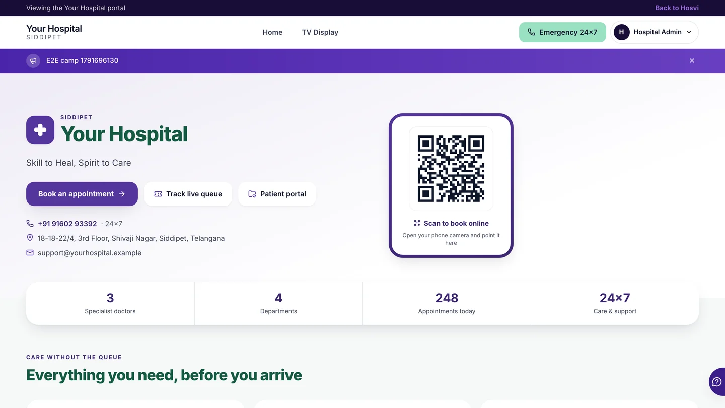 A hospital's own website: its name, contact details, booking, the live queue and the patient portal, with sample data