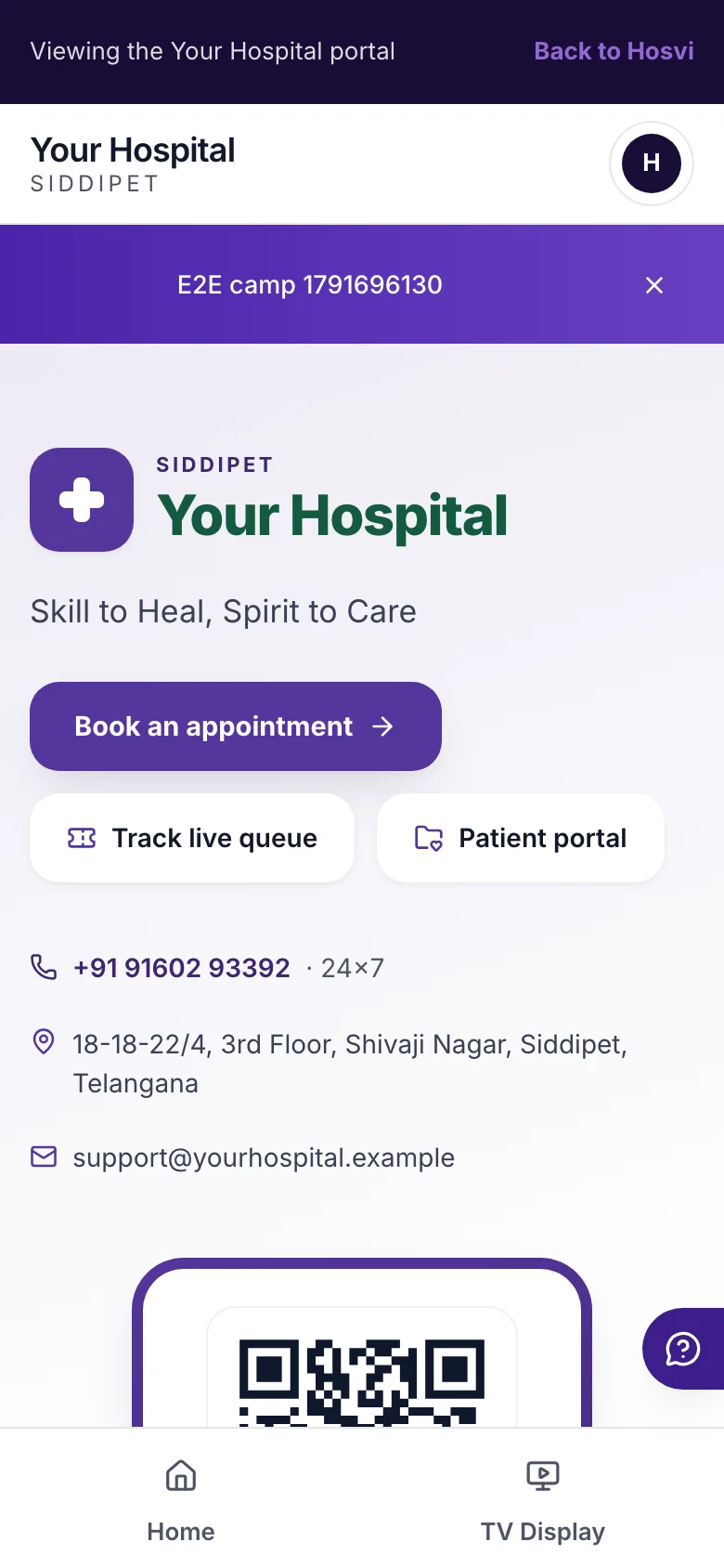 A hospital's own website: its name, contact details, booking, the live queue and the patient portal, with sample data