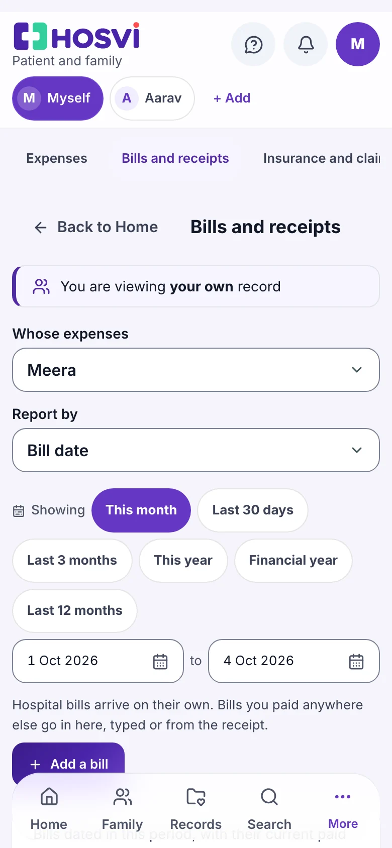 Expenses: Charged, paid and still to pay, by person and period, with sample data