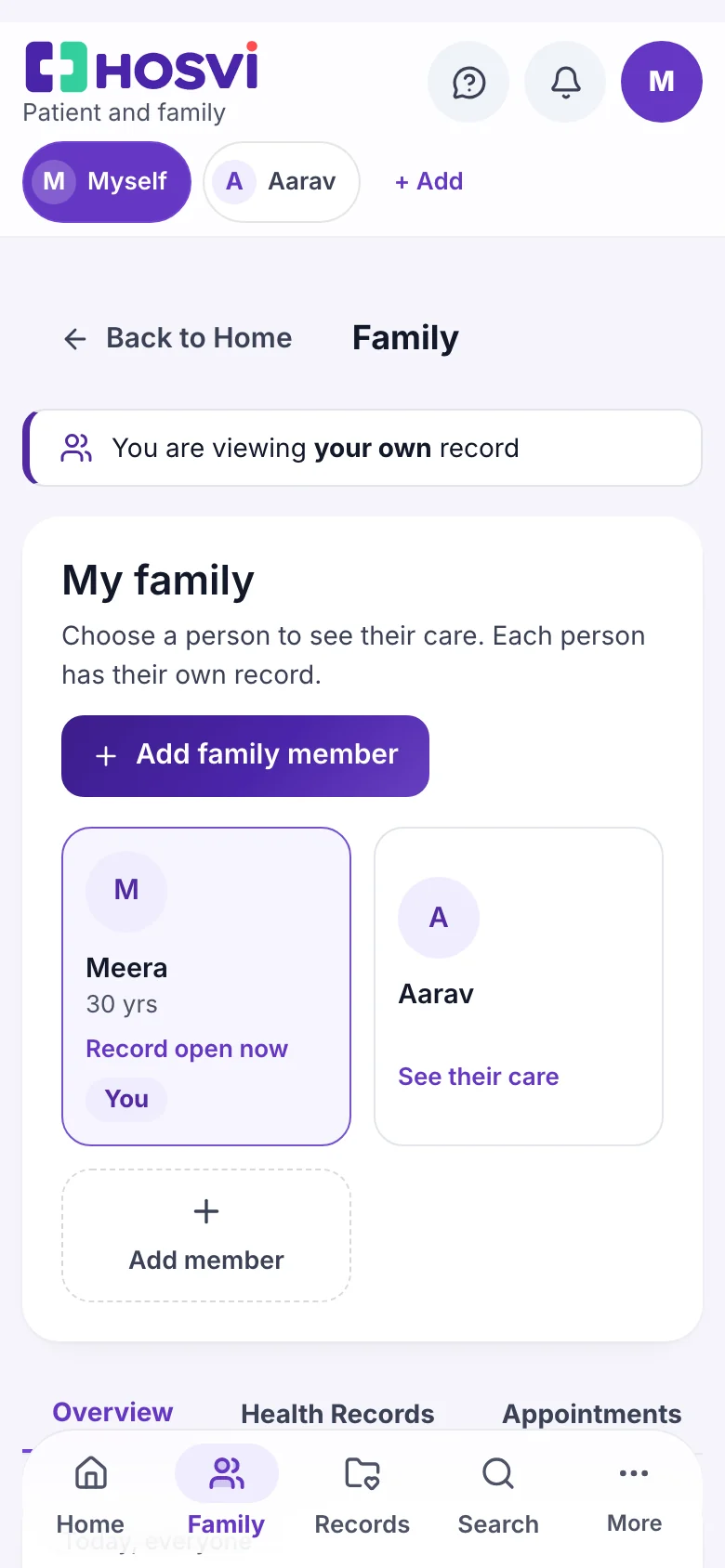 My family: One card per person, each with a separate record, with sample data