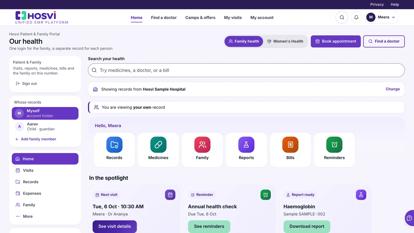 The patient and family portal home: search, spending this year, visits, reminders and insurance, with sample data