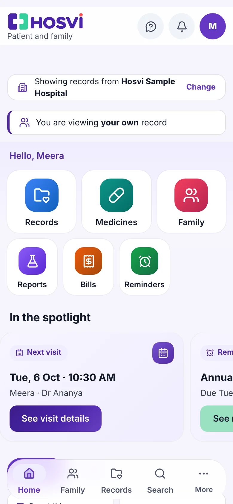 Patient and family portal on a phone, with sample data