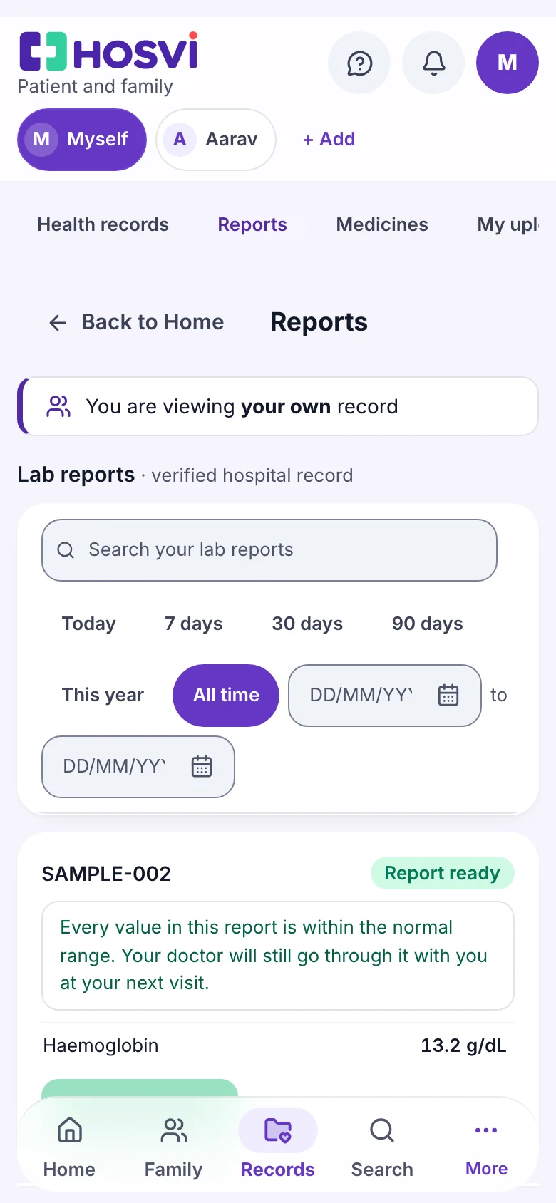 A lab report on a phone, with values outside the normal range explained in plain words, with sample data