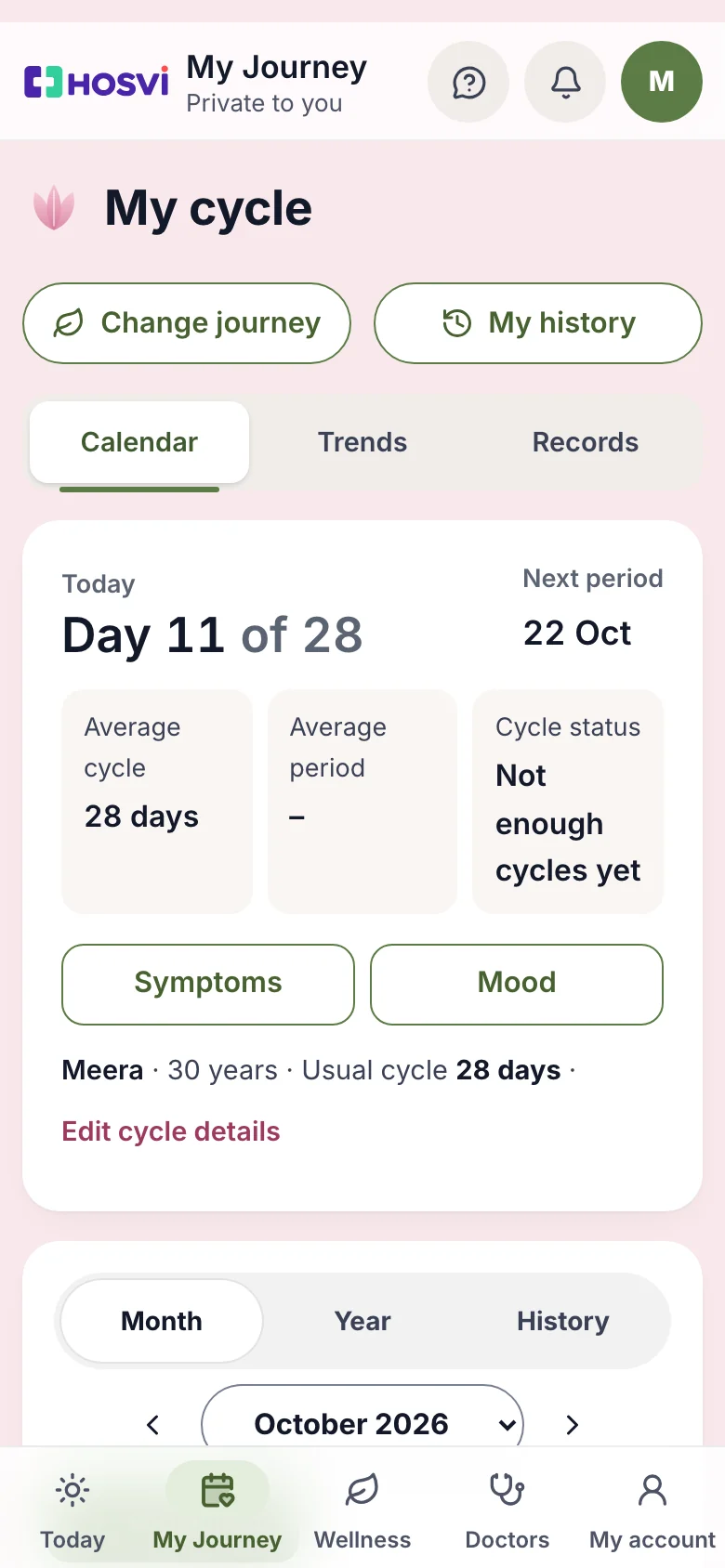 The cycle calendar: logged period days, the fertile window, the best chance day and the expected period, with sample data