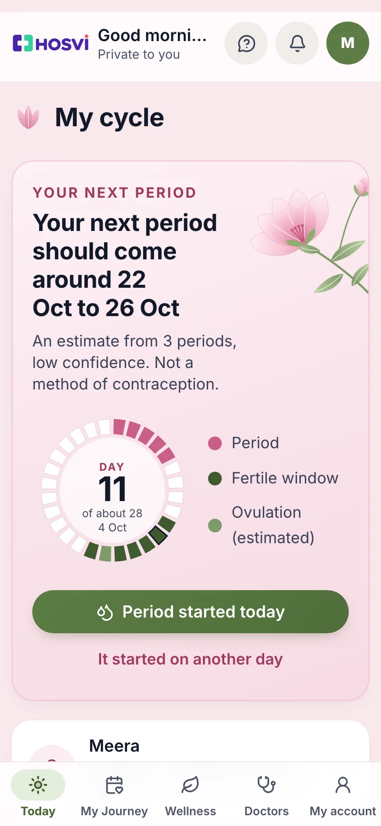Today: cycle day 13 on the cycle ring, with the next period expected 26 to 30 October, with sample data