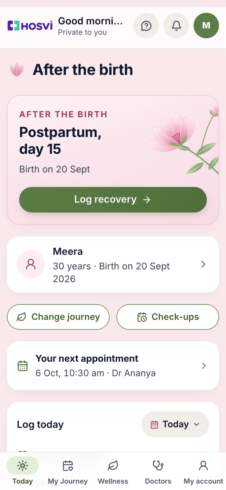 After the birth: postpartum day 16, with recovery and the baby's day to log, with sample data