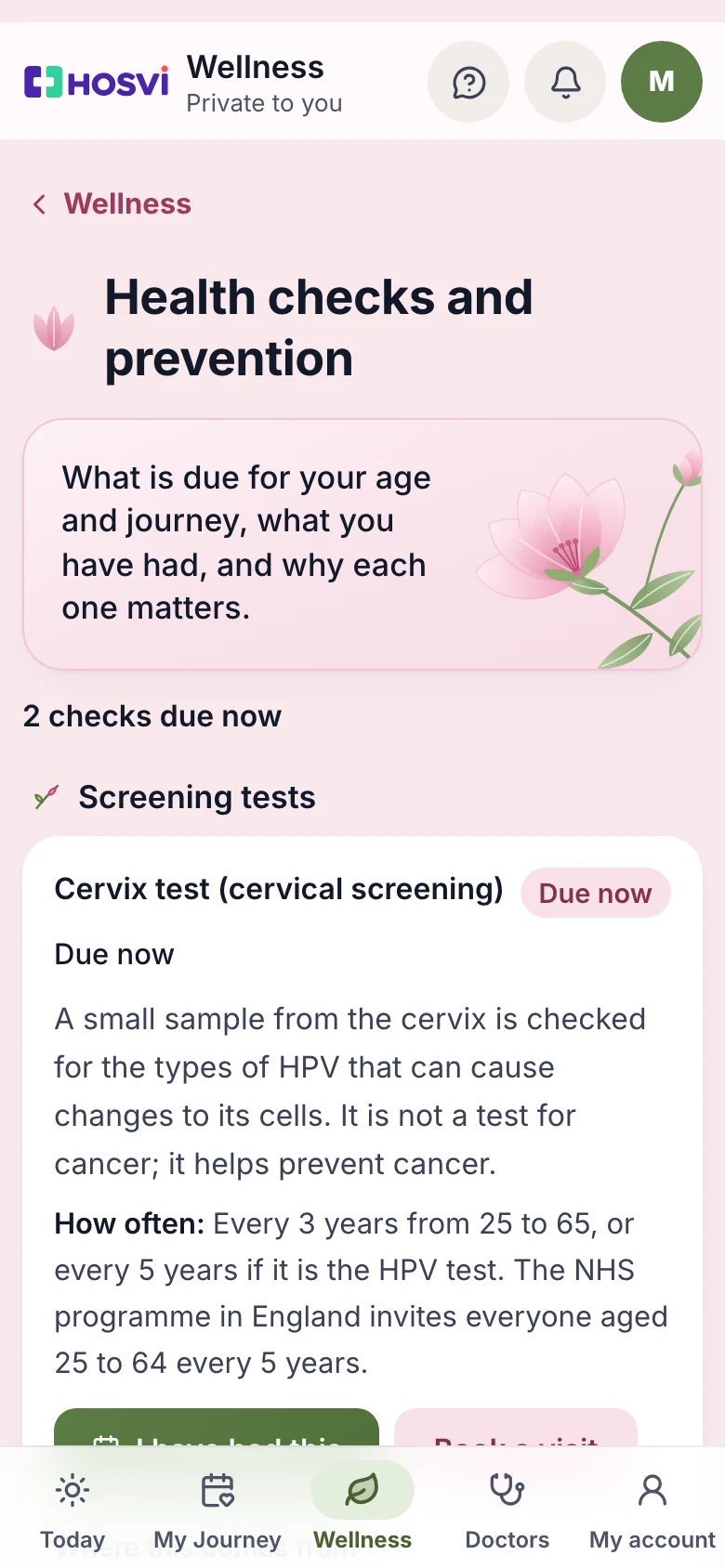 Health checks and prevention: a cervix screening test due now, with sample data