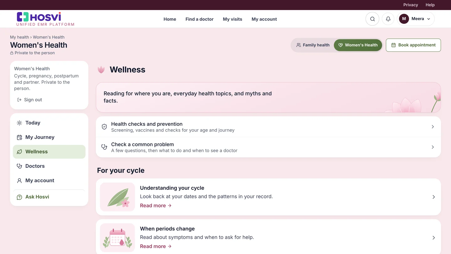 Wellness: health checks and prevention, a check for common problems, and reading for her stage, with sample data