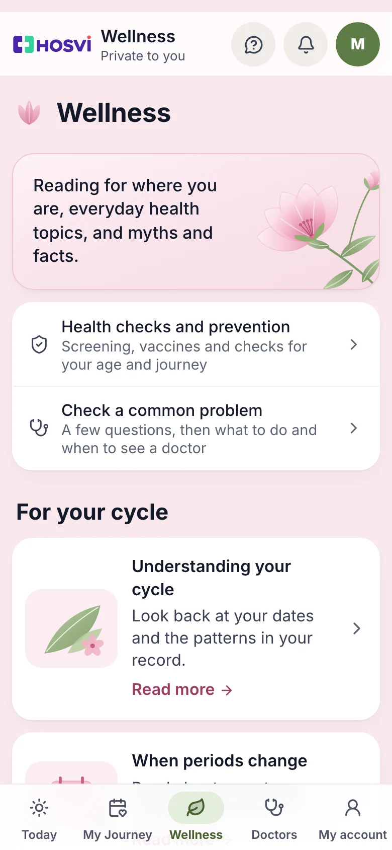 Wellness: health checks and prevention, a check for common problems, and reading for her stage, with sample data